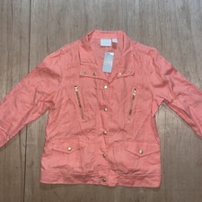 Chicos 3/4 Sleeve Button Down Front Zipper Pockets Linen Jacket Sz 1 Barbiecore