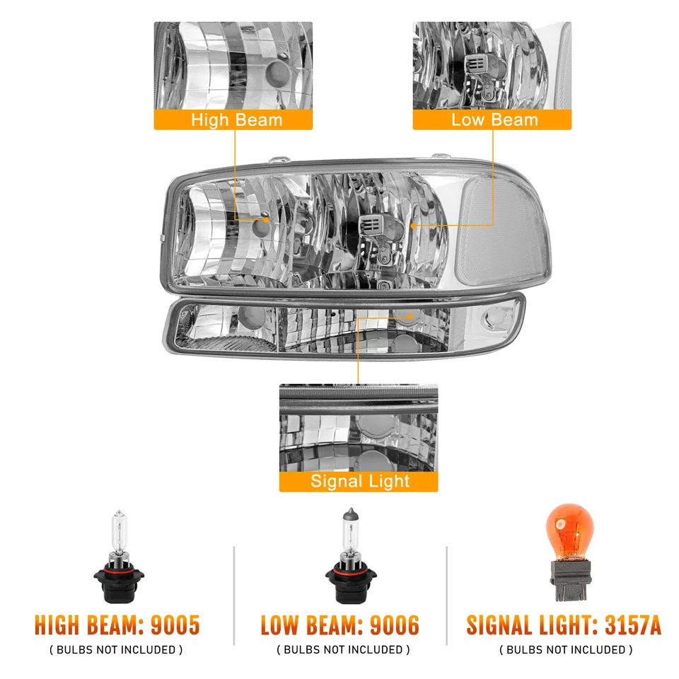 Faros cromados de fábrica + lámpara de parachoques para GMC Sierra/00-06 Yukon 1999-2006 4 piezas Foto 2 de 4