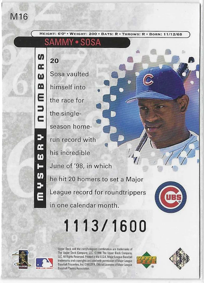 1999 Black Diamond Mystery Numbers #M16 Sammy Sosa #'d /1600 Chicago Cubs NM - Image 2 of 2