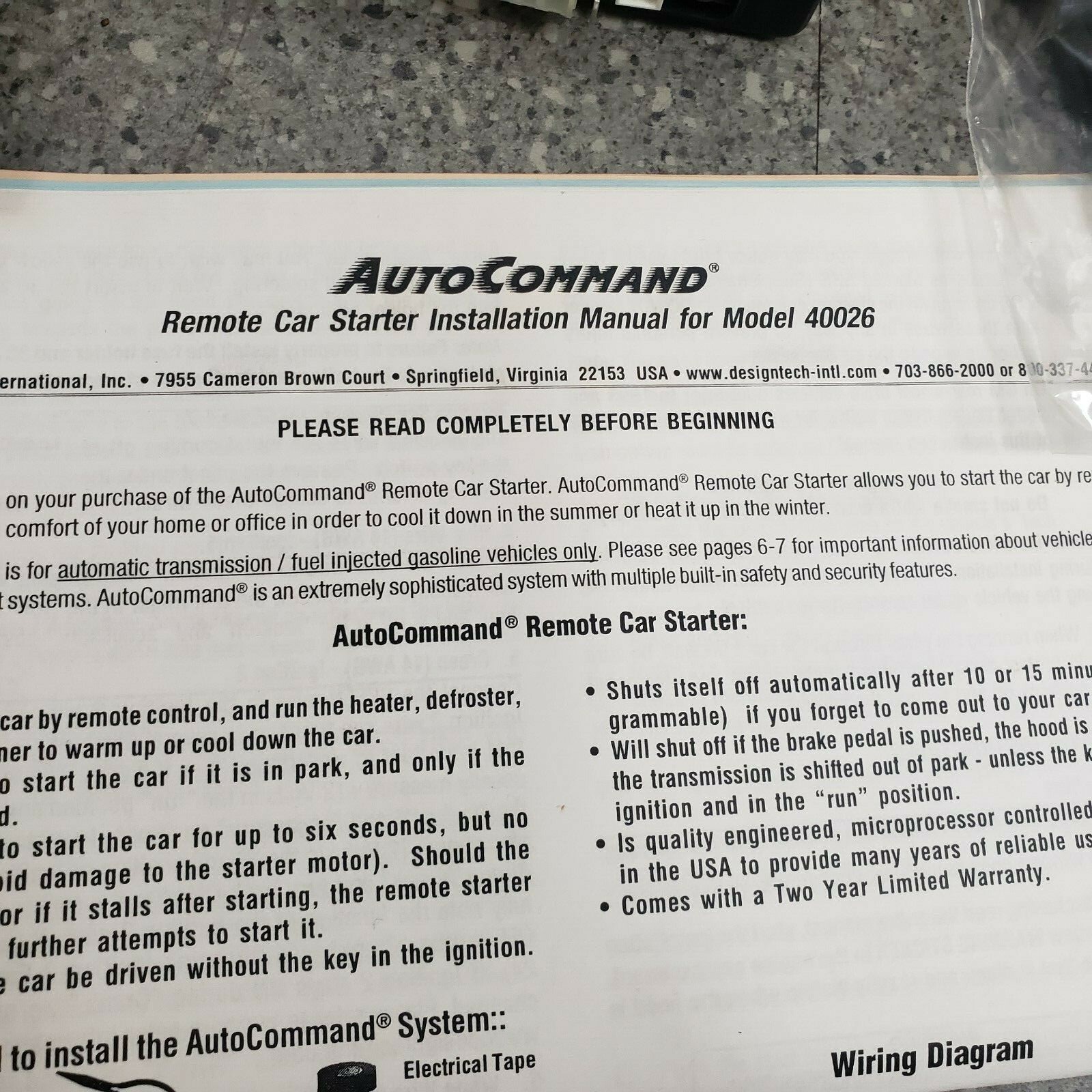 Auto Command Remote Car Starter Model 40026
