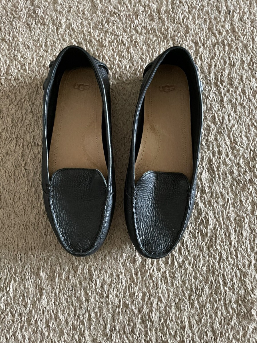 UGG Flores Black Leather Flat Loafer Slip On Women's Shoes Size
