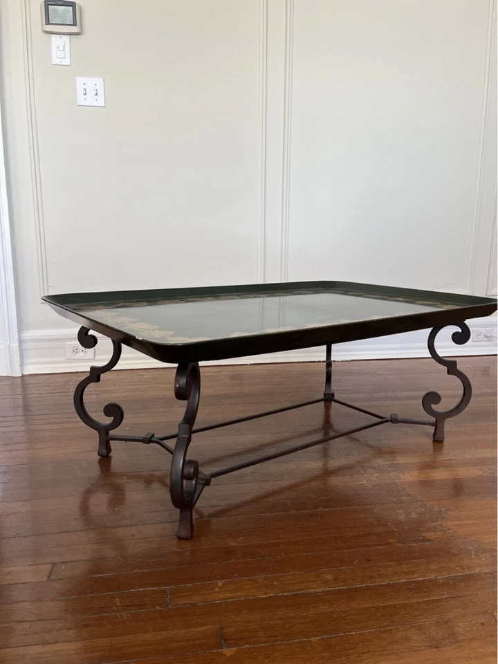 Italian Lacquered And Hand-Painted Gilt Wood Tray Top Coffee Table With Wrought - Image 4 of 4