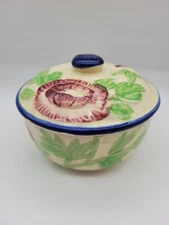 Vintage Maruhon Ware Lidded Sugar Bowl Blue Trim Red Flowers Japan 