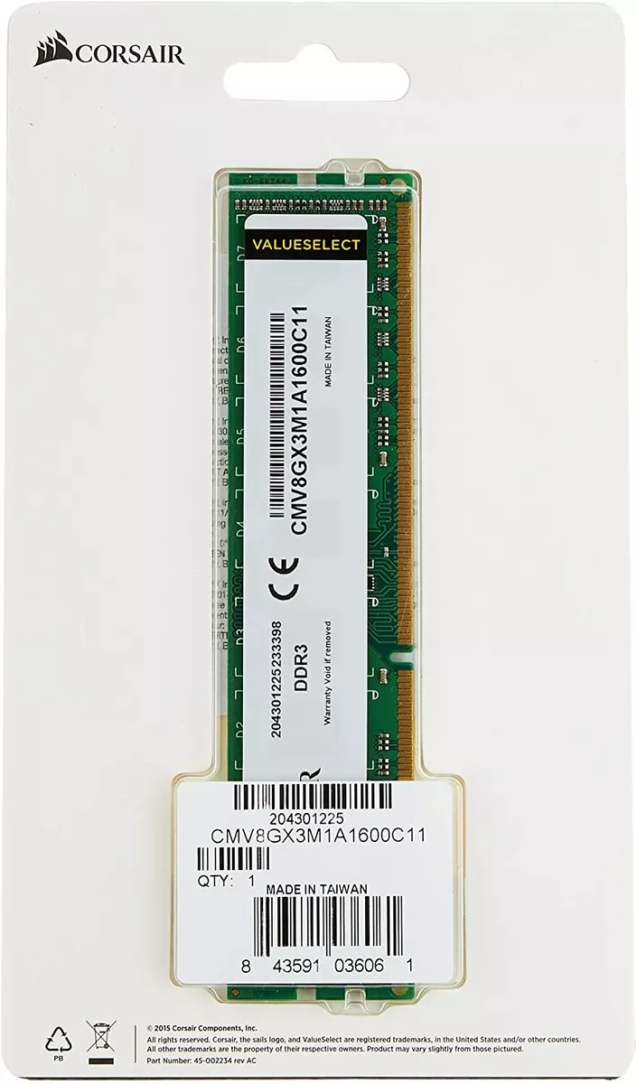 Corsair 8GB 1x8GB CMV8GX3M1A1600C11 DDR3 1600MHz Unbuffered CL11