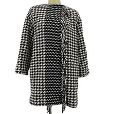 Marella By Max Mara Coat Houndstooth Wool Blend Black Fringe Woman’s Size 6 New