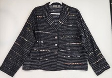Chicos Jacket Womens 2 Black Silver Metallic Sequined Grannycore Button Blazer
