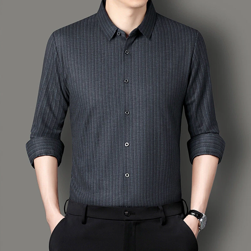 Otoño Primavera Para Hombres 100% Cachemira Manga Larga Camisas Negocios Rayas Prendas para el torso Botón Foto 3 de 4