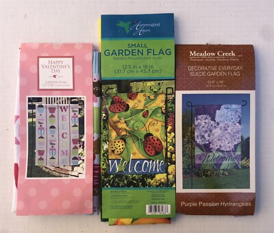 Small 12.5x18'' Garden Flags (3) WELCOME Cupcakes B'day Party LadyBugs Hydrangeas