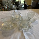 Jeannette Iris & Herringbone Clear Depression 4 Footed Cups & 4 Saucers Set