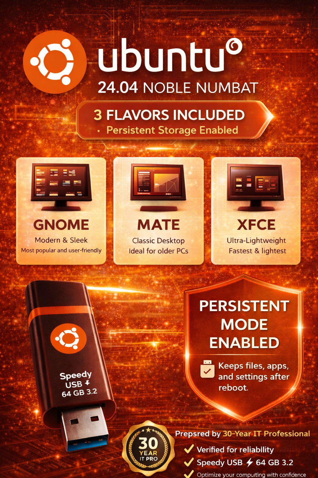 Ubuntu Linux 24.04 NUBAT LTS BOOTABLE, LIVE, PERSISTENT, 64 GB USB | eBay