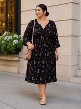 Old Navy Waist Defined Black Floral Midi Dress Size XXL V Neck Peasant Romantic
