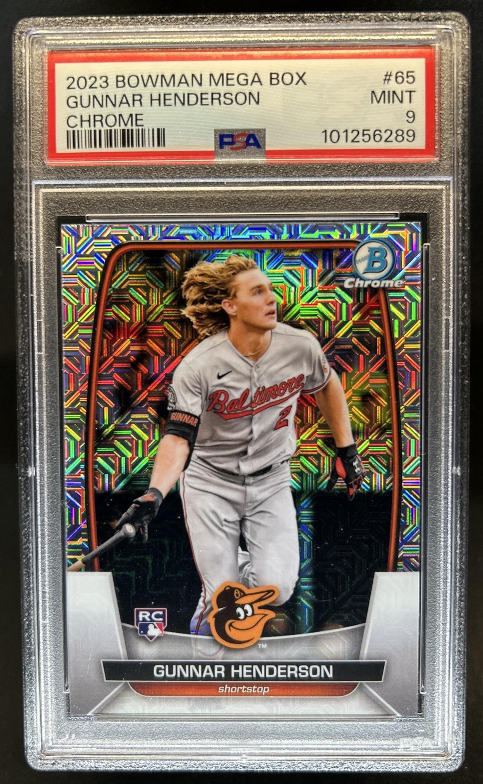 2023 Bowman Mega Box Gunnar Henderson RC Mojo Refractor Rookie #65 Orioles PSA 9