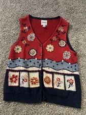 VTG 90s Blast Granny Square Crochet Cardigan Sweater Vest Women S Flower Cottage