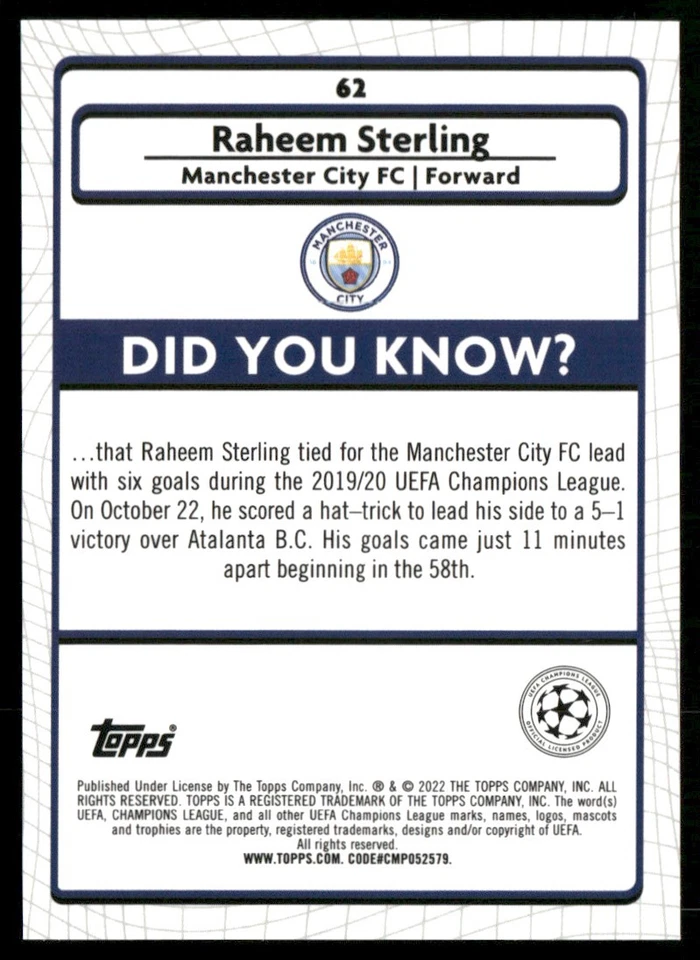 2022 MERLIN UEFA CHAMPIONS LEAGUE RAHEEM STERLING MANCHESTER CITY #62 - Image 2 of 2