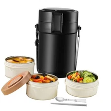 82oz Thermo Container For Hot Food, 3 Tier Wide Mouth Insulated Stackable Black