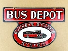 VINTAGE BUS DEPOT 12X8" PUMP STATION PORCELAIN DIE-CUT GASOLINE MOTOR OIL SIGN