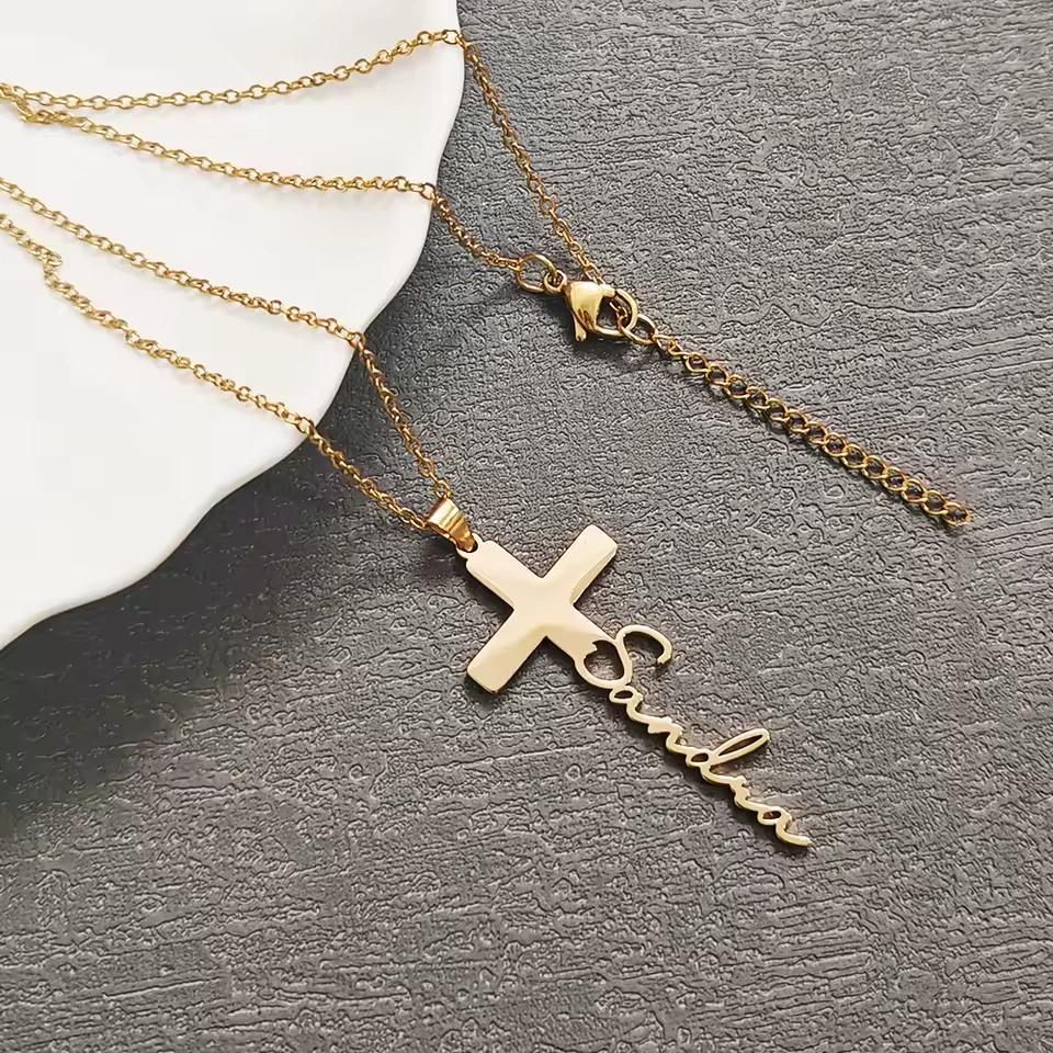 Custom Cross Name Necklace Personalized Pendant Stainless Steel Jewelry Gold - Image 2 of 4
