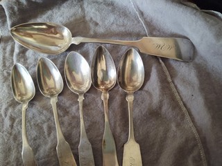 Lot 6 Antique Early American Coin Silver Spoons 1 Serving Spoon 9" 5 Teaspoons