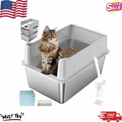 Stainless Steel Sifting Litter Box, High Sided Metal Cat Litter Box with Lid