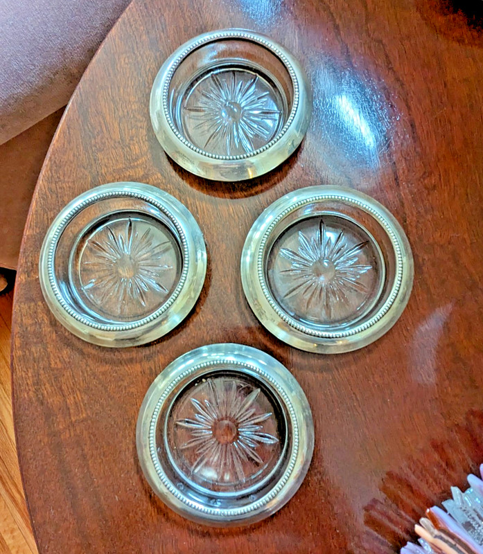 Set of 4 FRANK WHITING Sterling Silver & Crystal Glass COASTERS Beaded Rim #4