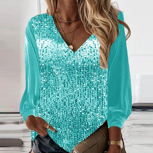 Damen Pailletten Tops Langarm V-Ausschnitt lose Damen Bluse Shirts Glitzer Blusen - Bild 7 von 13