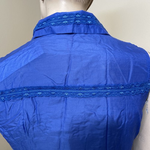 Women’s Blue Cotton Casual Pleated Ruffle Lace Size S Button Up Blouse Top Shirt - Picture 11 of 12