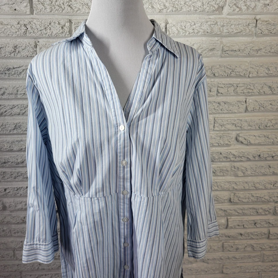 Basic Editions Womens Top 1X 3/4 Sleeve Collar Blue Stripe Button Up Lightweight - Image 3 of 4