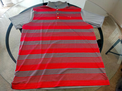 Puma Red Striped Lightweight Athletic Short Sleeve Gray Polo T-Shirt Size Large
