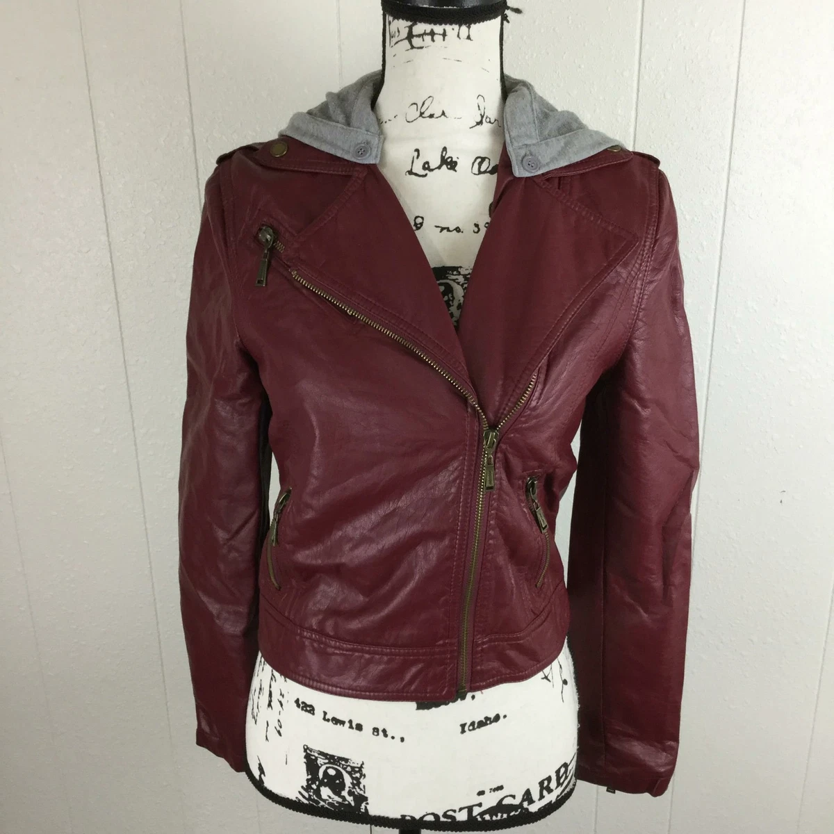 JOU JOU Full Zip Up Faux Leather Burgundy Hooded Moto Jacket Girl s Size XL