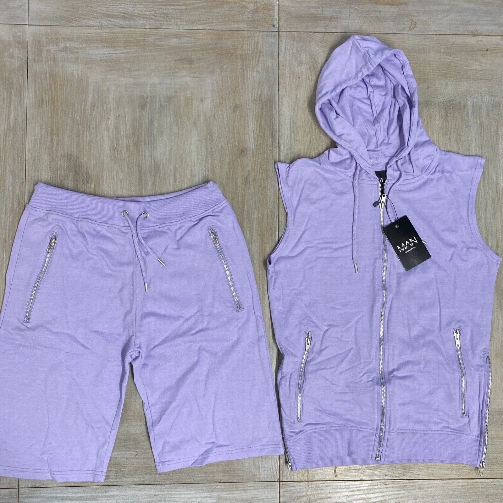 Mens Shorts Vest Hoodie Set Medium Lilac RRP £45 Boohoo Man Summer Set Tracksuit