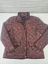 Talbots Women’s Light Quilted Jacket Burgundy Paisley Corduroy Trim Med Petite