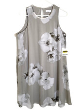 Calvin Klein Dress Grey White Floral Trapeze Swing Sleeveless Lined SIZE 10 NEW