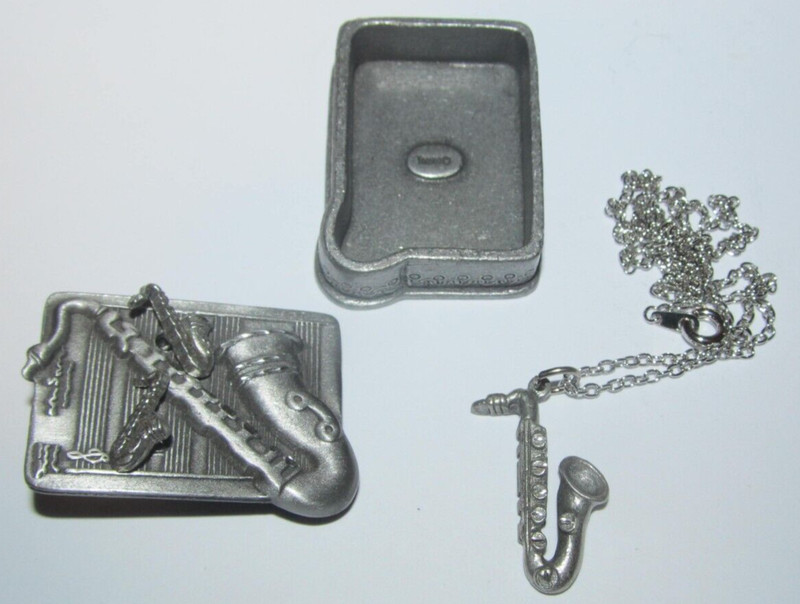 Vintage Torino Saxaphone Jazz Brooch Pin Necklace Earrings Jewelry Trinket Box