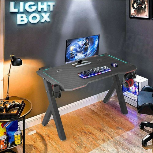 Gaming Desk Computer Home Office Writing Racer Carbon Fiber Table with RGB LED - Picture 2 of 12