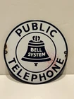 Vintage Porcelain Sign: Bell System Public Telephone Round Heavy 7” Sign