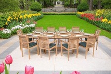 Large 10 Seat Extending Teak Garden Dining Set Table and Chairs with Cushions