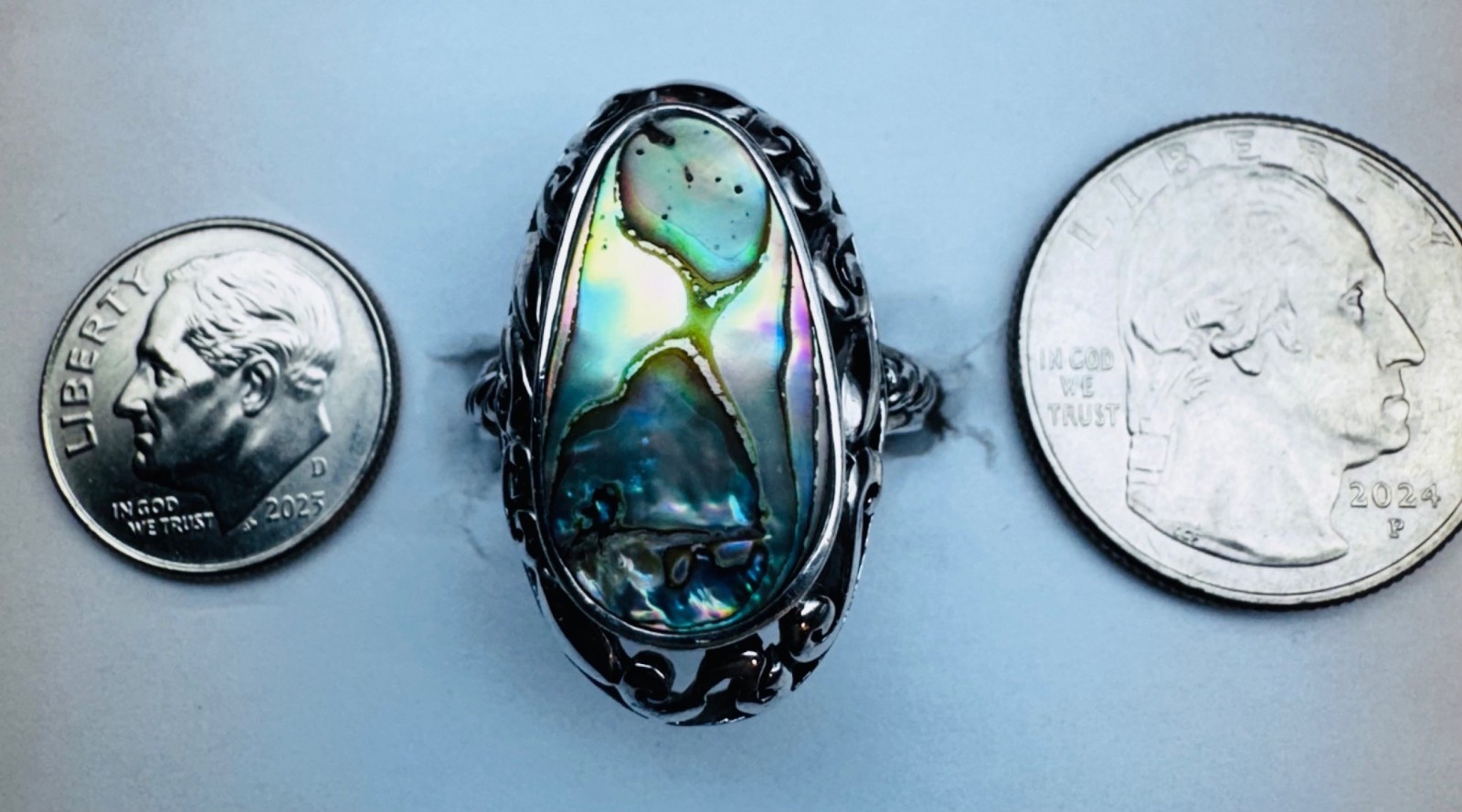 Vintage Abalone Shell Ring Size 8 Solid 925 Sterl… - image 7