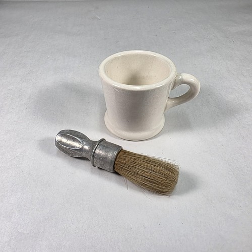 Vtg. Shaving Mug & Rubberset Shaving Brush Sterilized Aluminum Handle 5 3/4" USA