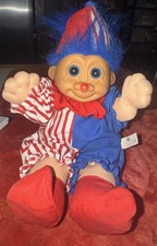 Vintage Russ Berrie Clown Troll Doll With Blue Hair  Red Striped Outfit  Shoes