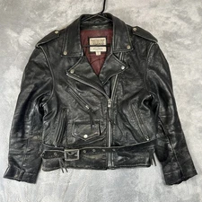 VTG Wilsons Mens Leather Jacket Biker Black Leather Belted Large Open Road Small