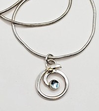 Sterling Silver 925 & 14K Gold Round Circle Wave Pendant Necklace w/ Blue Stone