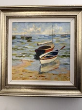 Mid-Century Vintage Original Oil Painting Coastal Art Boat Framed Signed GUIGI