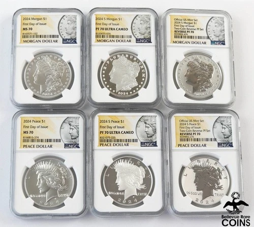 Set of 6: 2024 Morgan & Peace Dollar Silver Coins NGC MS70 & PF70 Ultra Cameo