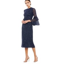 Mac Dugga NEW Blue Sequined Ruffle Sleeve Midi MOB Formal Dress 10802 Size 6