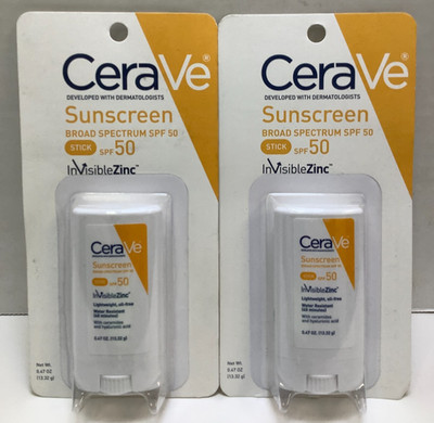 CeraVe Broad Spectrum InvisibleZinc Sunscreen Stick, SPF50, Exp. 8/2026, 2pk