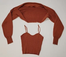 Shein M Terracota Rust 2 Pc Set ribbed knit Super cropped cardigan & Cami