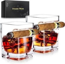 Cigar Whiskey Glasses Set of 2-12Oz Old Fashioned Glass with Side Mounted Holder
