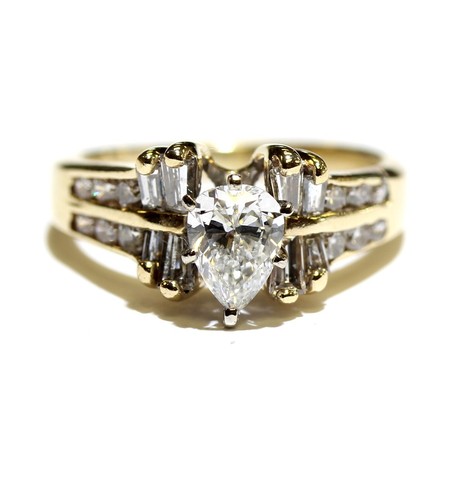 GIA 14k yellow gold 1.10ct SI2 VS1 F H pear diamond engagement ring 3.3g 5 - Imagen 3 de 10