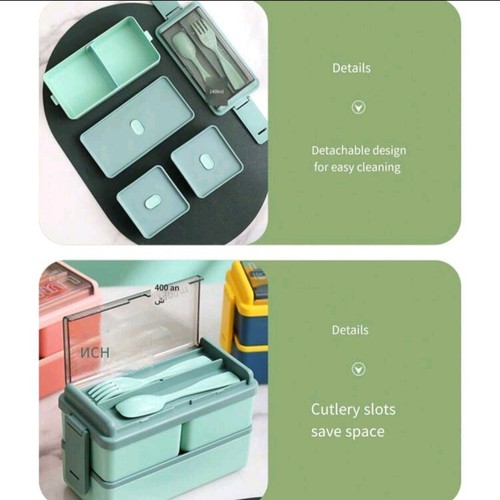 Lunch Box With Cutlery Set, Bento Box, 2 Tiers 4 Compartments Food Container - Picture 6 of 7