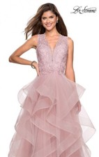 LA FEMME SIZE 8 FULL LAYERED TULLE MAUVE SKIRT CUT OUT BACK $538